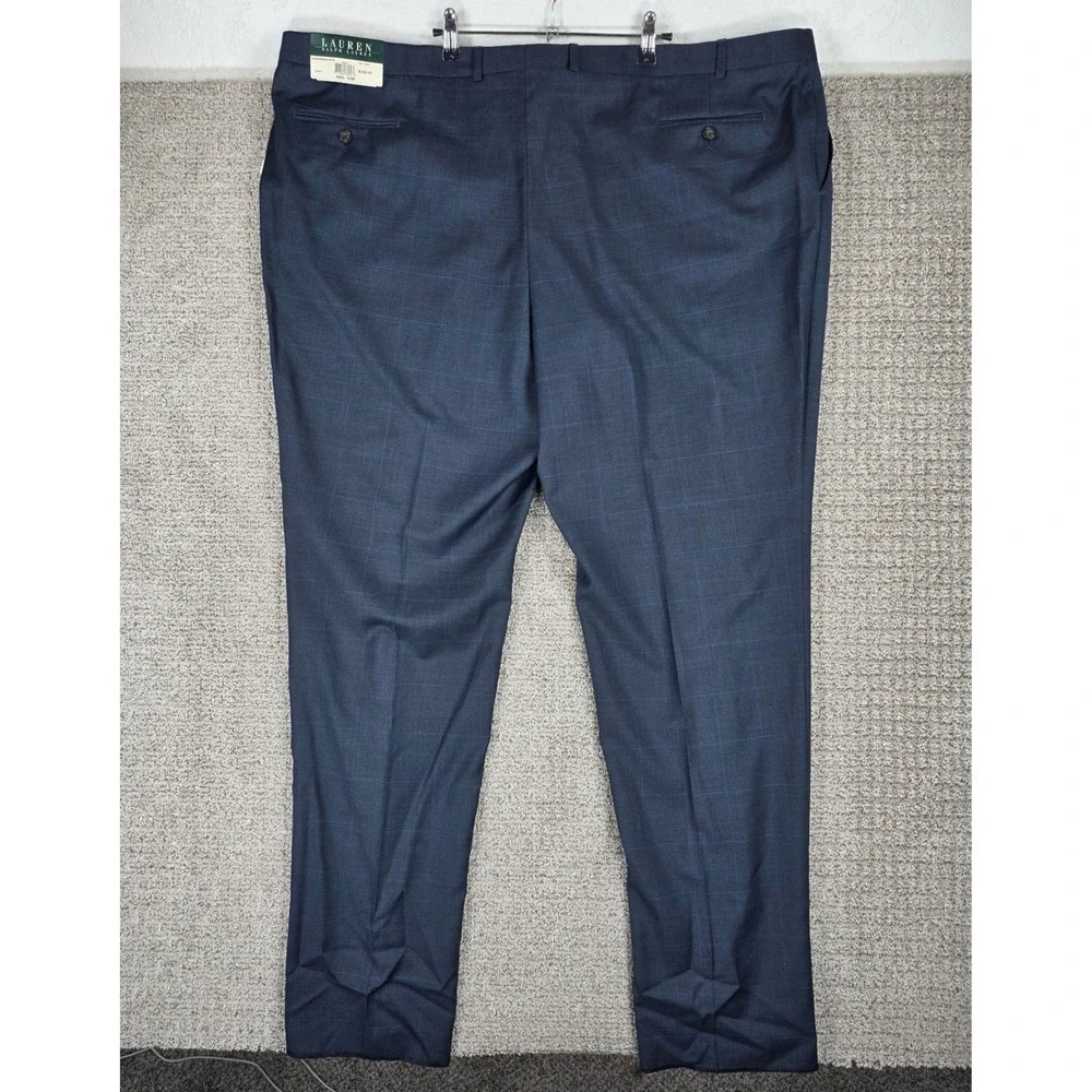 Lauren Ralph Lauren Mens Navy Blue Wool Plaid Ultraflex Dress Pants 52W UNHEMMED